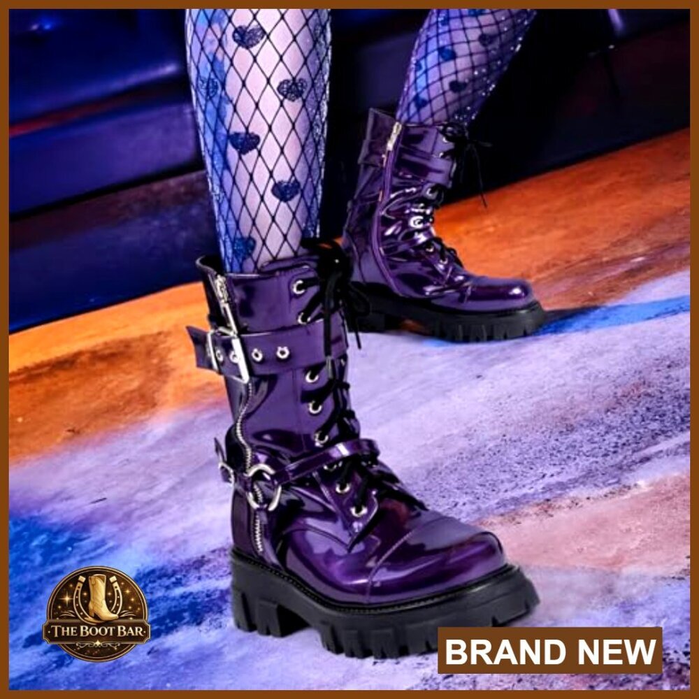 Steampunk Motorcycle Combat Boots Chunky Mid Calf Goth Lug Sole Lace Up Zipper - Picture 6 of 7